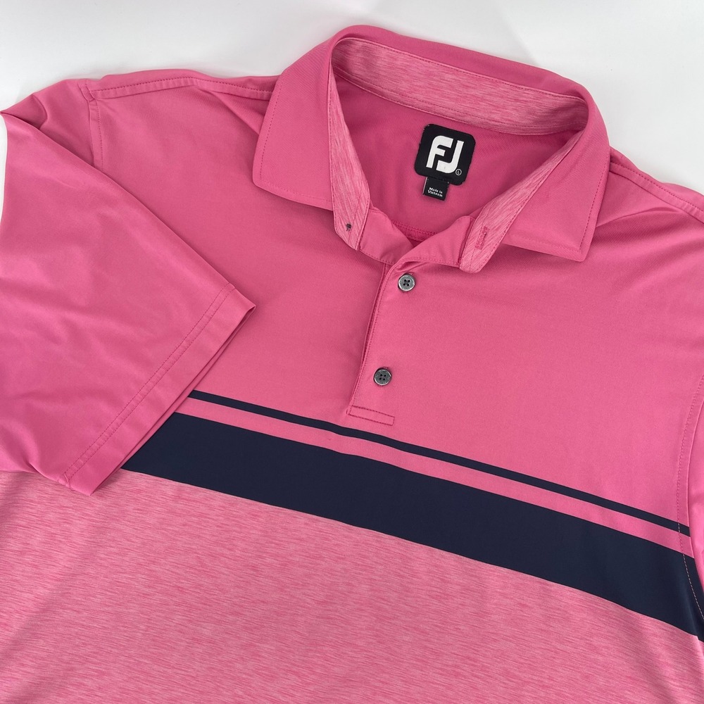 FJ FootJoy Golf Polo Shirt Mens Large Pink Black Stripe Short Sleeve